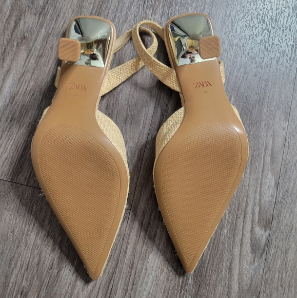 Zara Tan Raffia Straw Slingback Woven Pointed Toe Silver Fan Heel Shoes 39 US 8 - Picture 8 of 13
